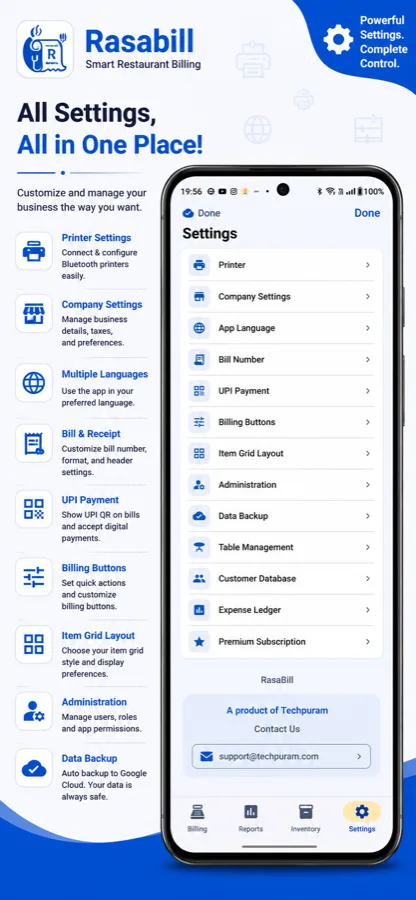 RasaBill settings screen listing Printer, Company Settings, UPI Payment, Table Management, Customer Database, and Expense Ledger