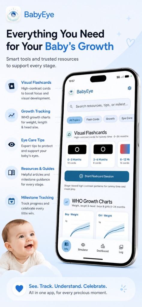 BabyEye expert hub with visual flashcards WHO growth charts eye care tips and milestone guides for parents