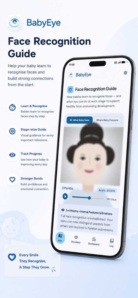 BabyEye face recognition guide showing what baby sees at 3 months with 20/200 acuity and bonding activities