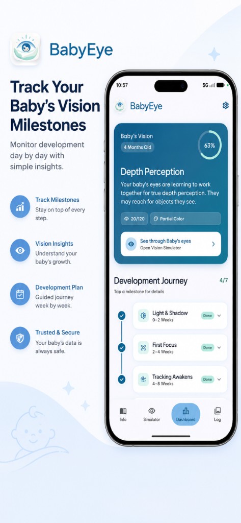BabyEye dashboard tracking 4-month-old depth perception milestone at 63% progress with 20/120 acuity