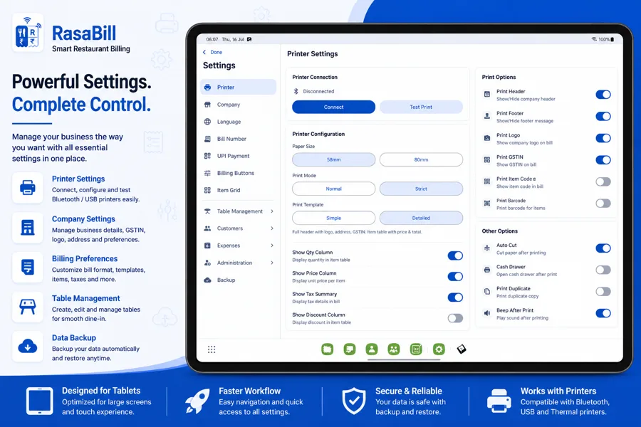 RasaBill printer settings screen with Bluetooth connectivity, 58mm/80mm paper size, and print template options