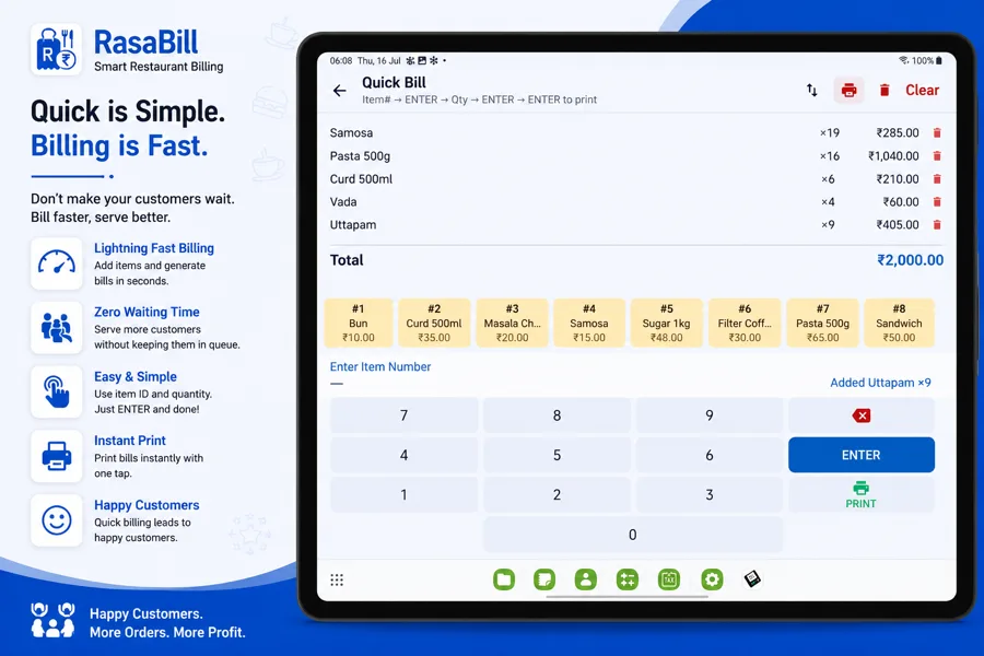 RasaBill Quick Bill tablet screen using item number entry to add Samosa, Pasta, Curd, Vada, and Uttapam to a bill