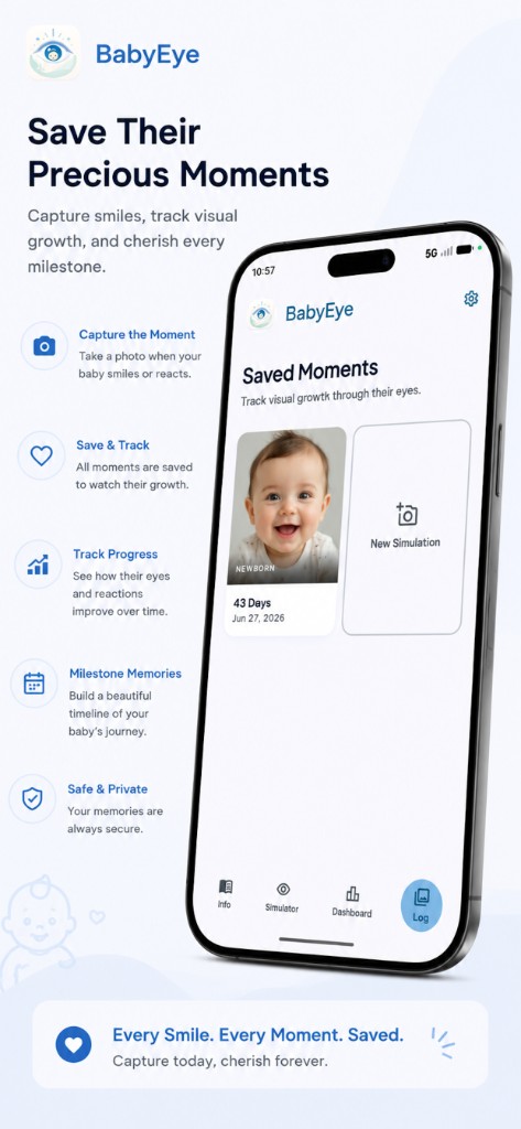 BabyEye vision log saving newborn photos with age-filtered visual growth timeline and milestone memories