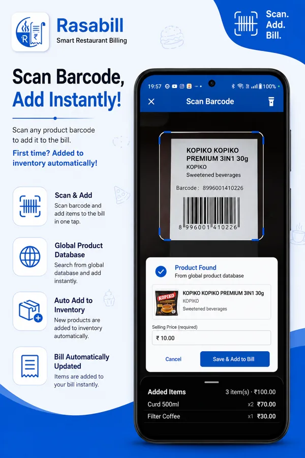 RasaBill barcode scanner reading a packaged product and auto-filling it from a global product database