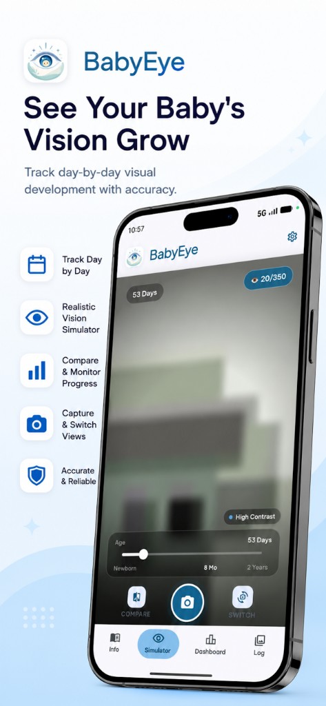 BabyEye vision simulator showing 53-day-old baby view at 20/350 acuity with high contrast toggle and age slider