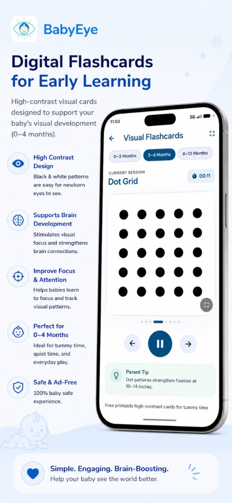 BabyEye high-contrast dot grid flashcards for 3-6 month visual stimulation and brain development