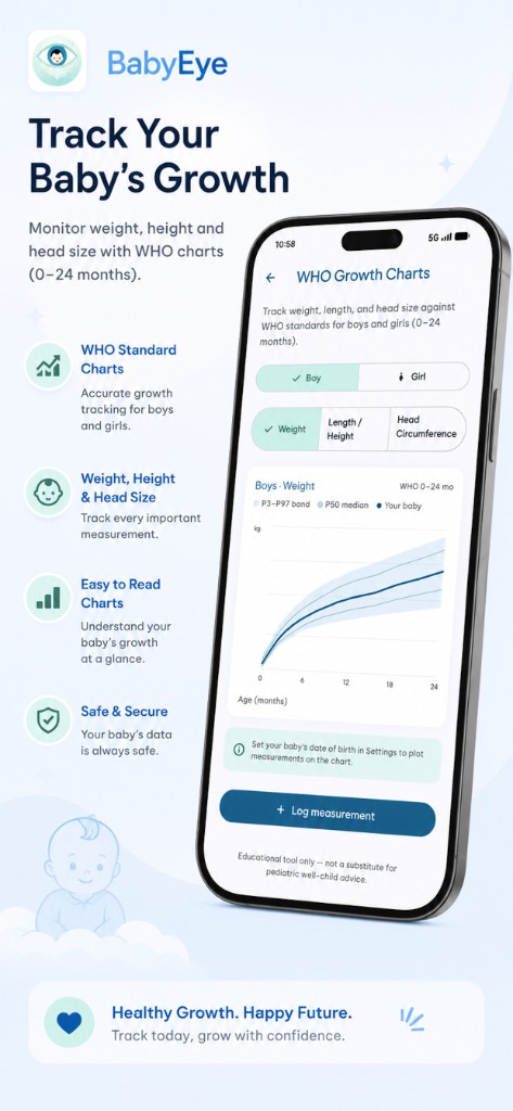 BabyEye WHO standard growth charts for baby weight height and head circumference 0-24 months