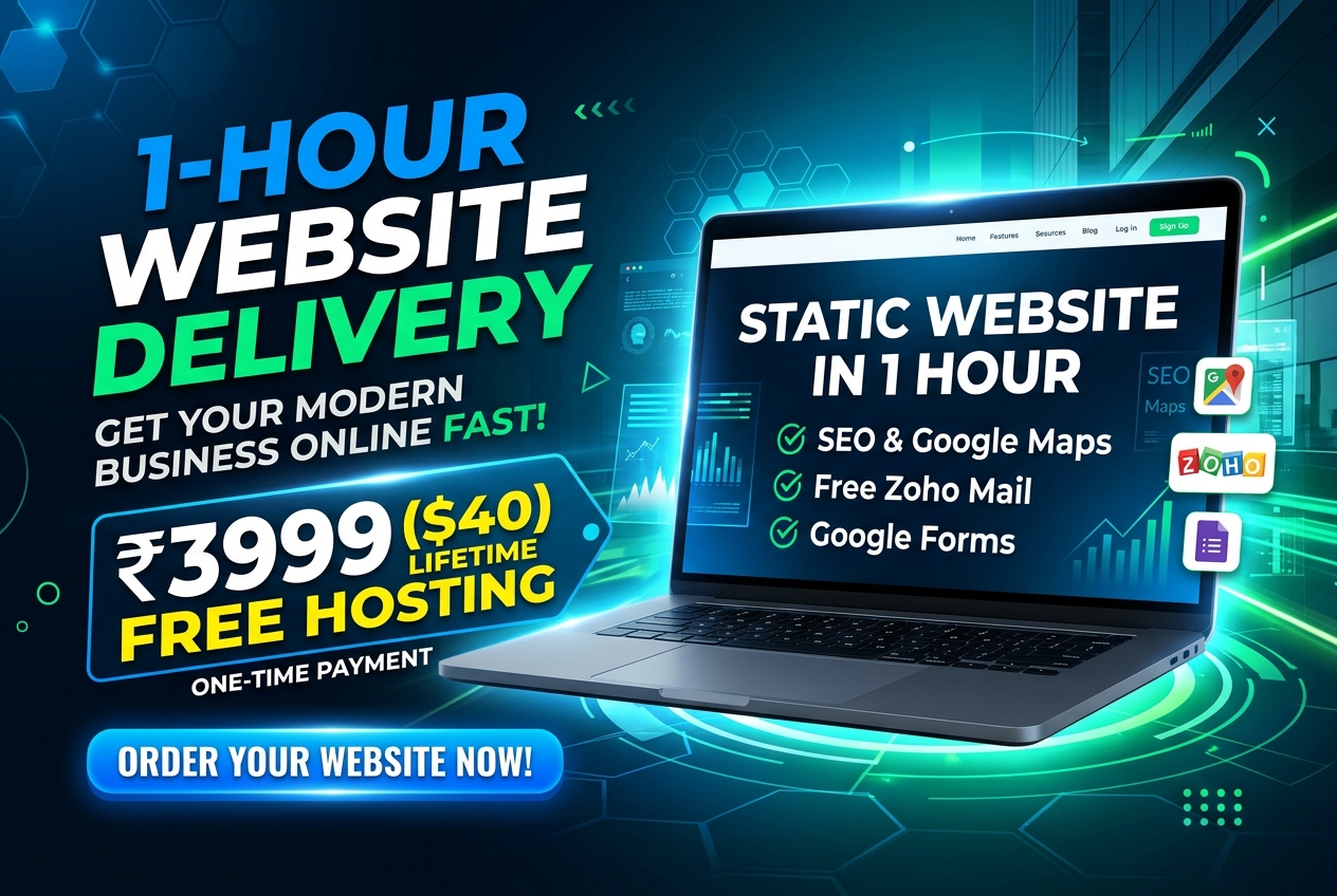 Static website in 1 hour promo banner: ₹3999 lifetime free hosting