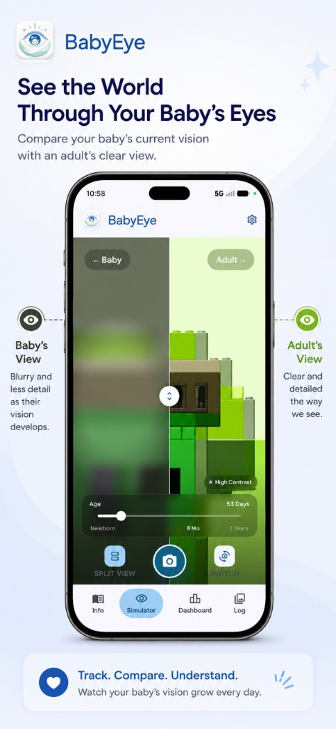 BabyEye — See the World Through Your Baby's Eyes. Split view comparing blurry newborn baby vision with clear adult vision using real-time age slider.