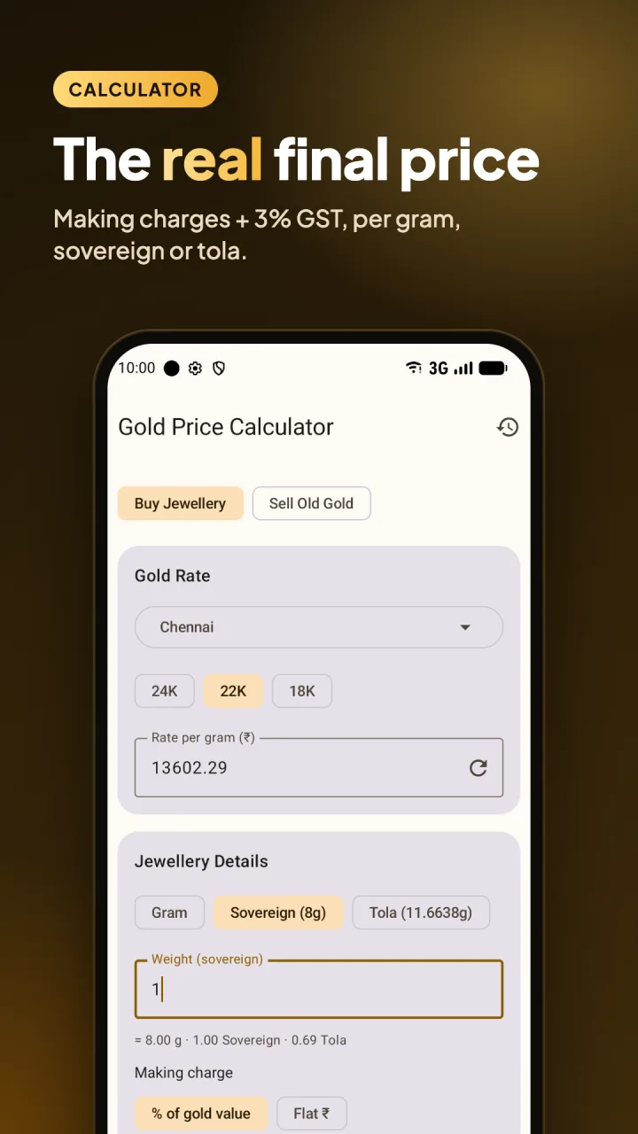 Gold jewellery price calculator with making charges and GST per sovereign