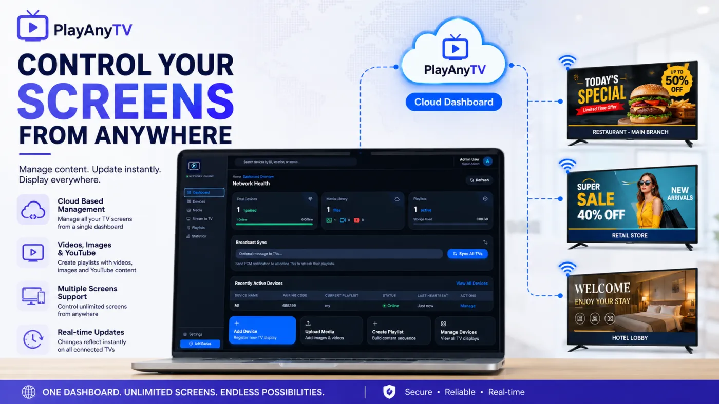PlayAnyTV cloud dashboard on a laptop showing connected devices, media library, and playlists syncing to three TVs in a restaurant, retail store, and hotel lobby