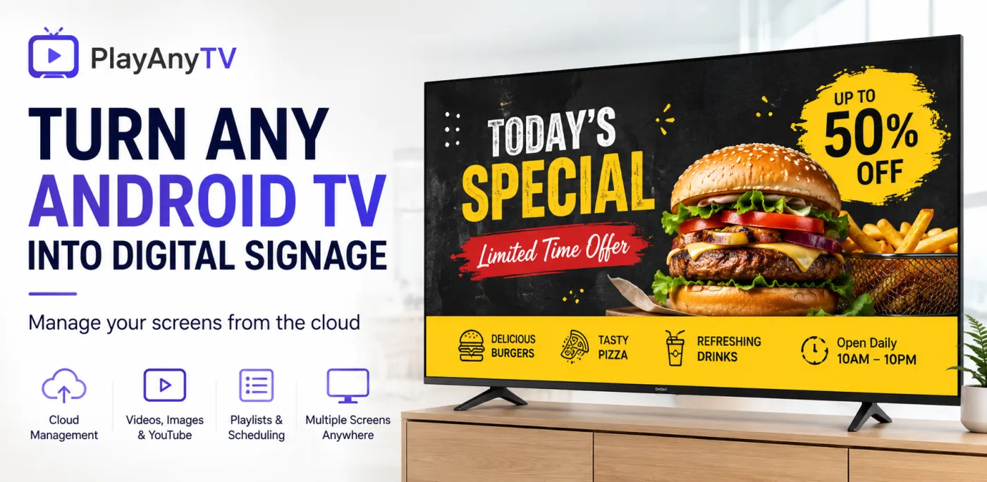 PlayAnyTV turning an Android TV into a restaurant digital signage display showing a promotional offer