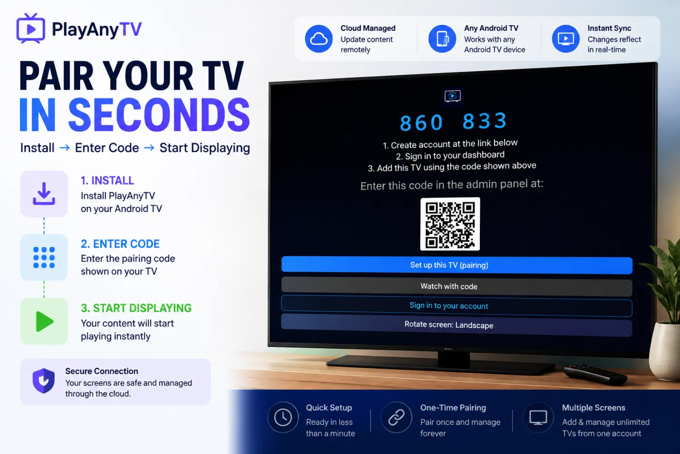PlayAnyTV pairing screen on an Android TV showing a 6-digit pairing code and QR code to add the device from the dashboard