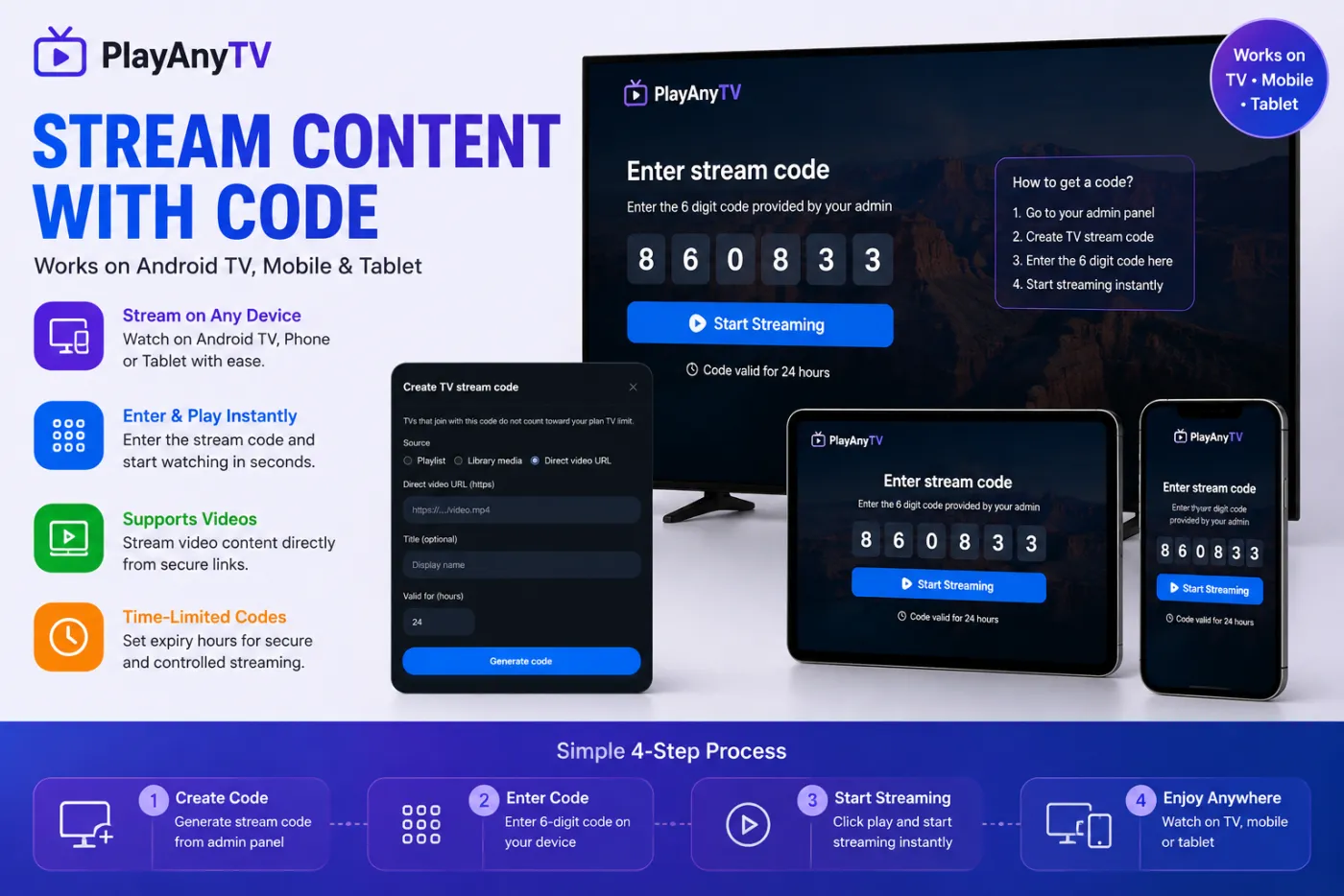 PlayAnyTV — stream content with a code on TV, tablet, and mobile