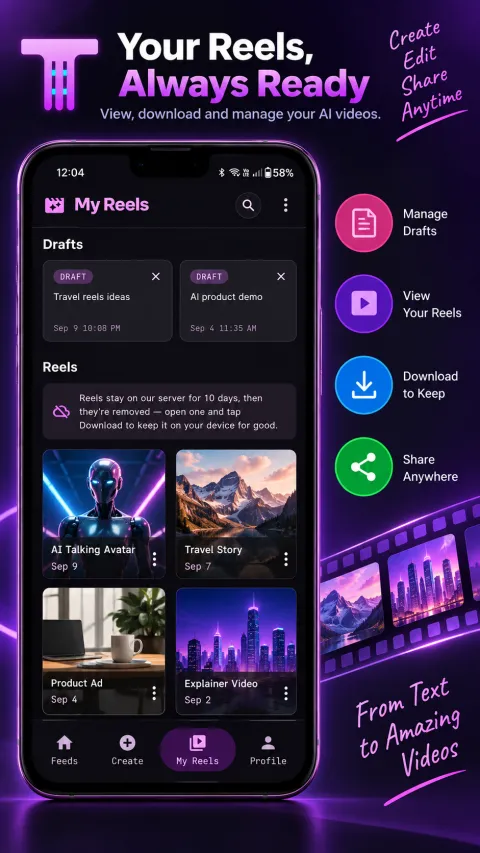 Text to Reel category picker showing AI Video Agent, AI Avatar Generator, Story Generator, UGC Creator, and Quick Create options