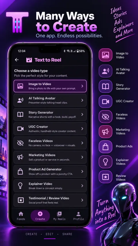 Text to Reel step-by-step wizard for platform, goal, tone, and topic that writes a script automatically