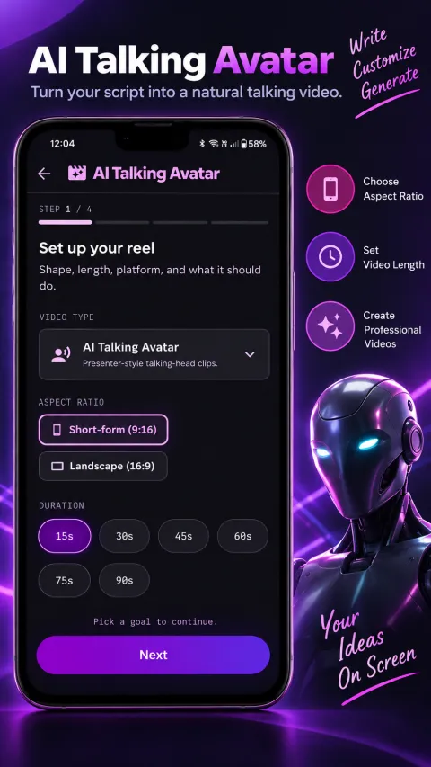 Text to Reel avatar and AI voice selection screen with natural Indian-English voice options